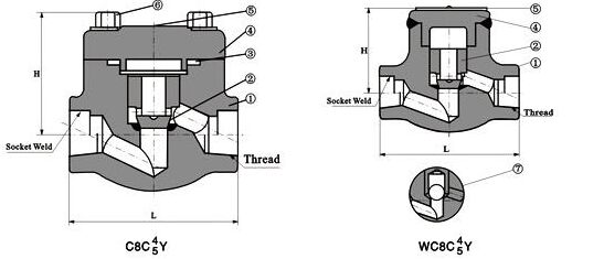內(nèi)螺紋與承插焊鍛鋼止回閥結(jié)構(gòu)圖